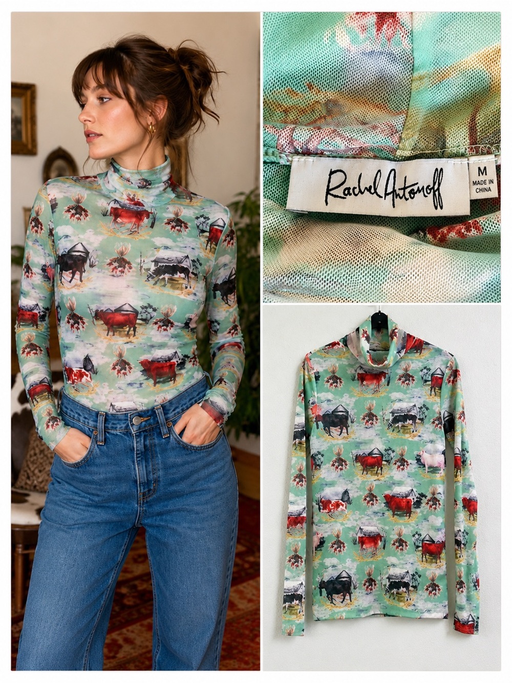 Rachel Antonoff Lillian Mint Cow Mesh Turtleneck Top Rare Farm Print Size M